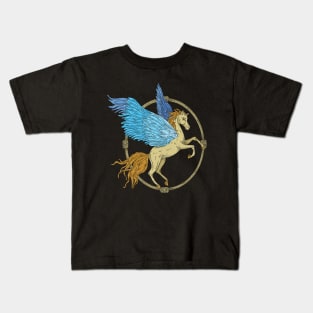 Pegasus with blue wings in a wooden frame Kids T-Shirt